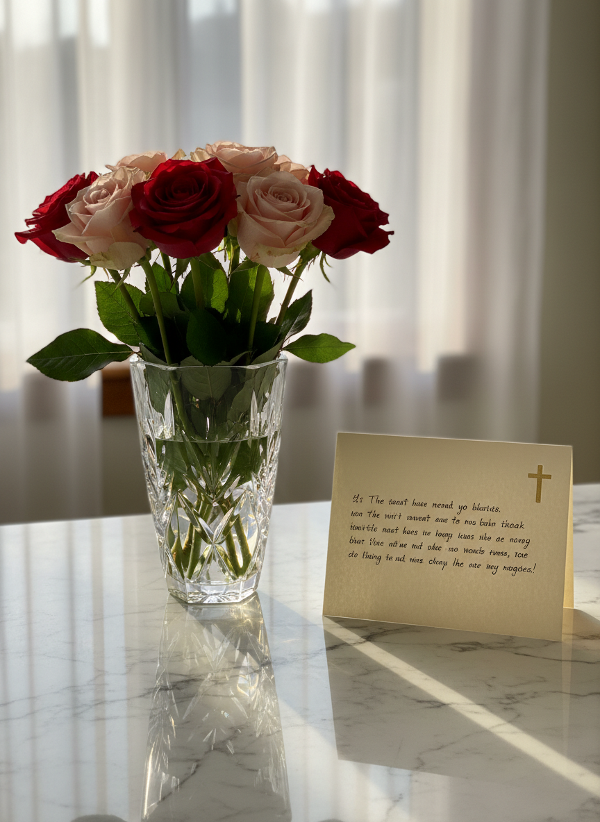 A small arrangement of long-stemmed red and blush roses in a crystal-cut vase, placed on a polished marble countertop beside an open, handwritten birthday card. The card’s creamy paper shows carefully penned words of gratitude and a tiny gold embossed cross on the corner. Gentle afternoon light filters through sheer curtains, illuminating the translucent petals and casting intricate reflections from the vase onto the marble surface. Photographic realism, captured from a slightly elevated angle with a rule-of-thirds composition. The atmosphere is warm, devotional, and sophisticated, subtly suggesting thankfulness to God for a precious life, while maintaining a serene, uncluttered background.