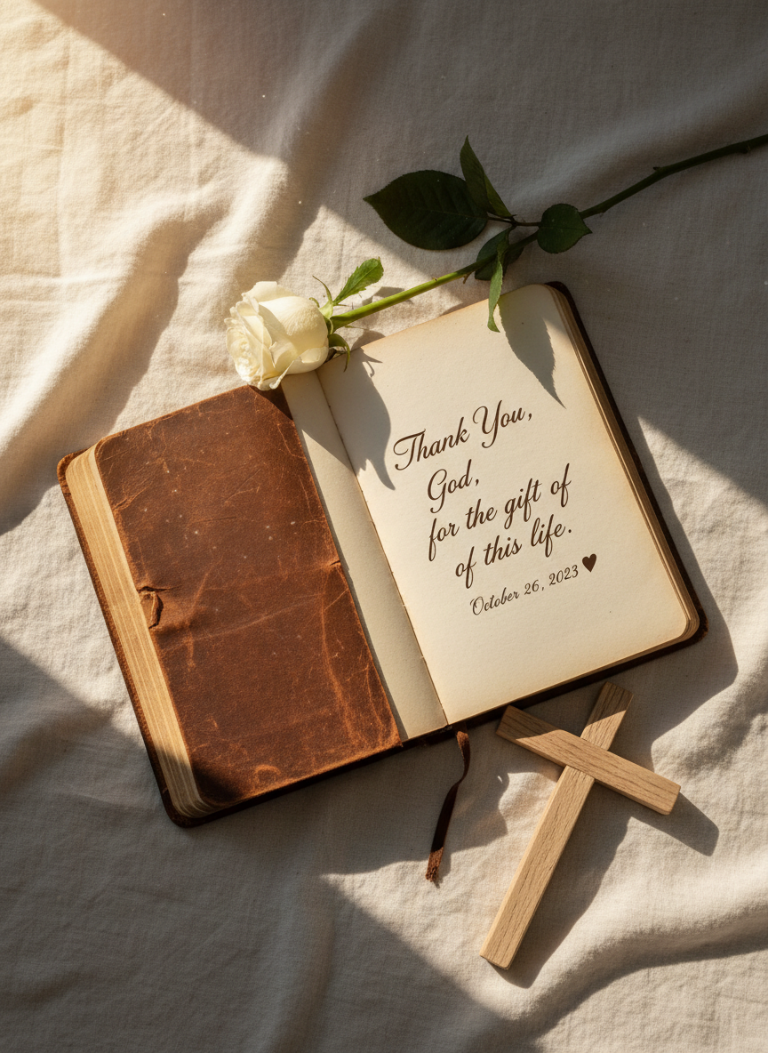 An open leather-bound journal with creamy, slightly textured pages, resting beside a simple wooden cross on a linen-covered table. On the visible page, in elegant calligraphy, the words “Thank You, God, for the gift of this life” are written, with a small date and a discreet heart. Nearby, a single long-stem white rose lies gently across the journal’s edge. Morning sunlight streams through a nearby window, creating soft, diagonal beams and casting tender shadows from the cross and rose. Photographic realism, shot from a top-down perspective with an asymmetrical, sophisticated composition. The atmosphere is contemplative, romantic, and deeply grateful, perfect for a birthday tribute rooted in faith.