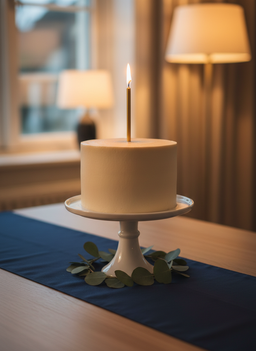 A minimalist birthday cake on a slender white porcelain stand, frosted in smooth matte buttercream the color of soft champagne, topped with a single thin gold candle burning with a steady flame. Around the base, a delicate ring of eucalyptus leaves adds muted green texture. The cake sits on a deep navy table runner atop a light oak table. Soft, diffused evening light and a nearby warm lamp create gentle highlights on the frosting and a halo around the candle flame. Photographic realism with a centered composition and shallow depth of field. The mood is reverent, romantic, and sophisticated, symbolizing a beloved life celebrated in quiet gratitude.