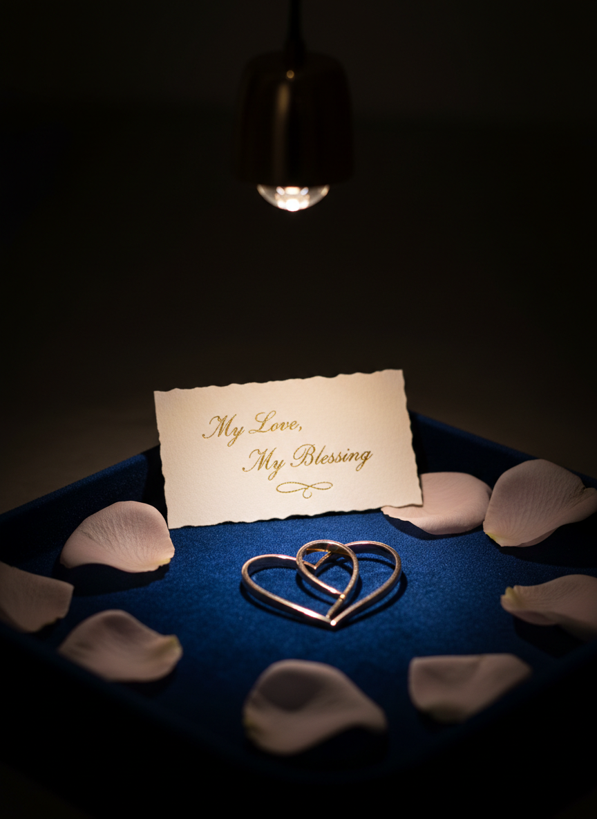 A delicate arrangement of three intertwined gold rings forming a heart shape on a velvet midnight-blue jewelry tray, surrounded by scattered, pale pink rose petals. Just above the heart of rings lies a small, handwritten note card that reads “My Love, My Blessing” in refined cursive, with a tiny gold-ink flourish. A single warm overhead pendant light casts a focused, gentle glow, creating soft highlights on the polished gold and rich shadows in the velvet’s texture. Photographic realism with a close-up, slightly angled macro shot, emphasizing detail and depth. The background fades into a dark, luxurious blur. The mood is intimate, sophisticated, and worshipful, hinting at a God-given love celebrated on a special birthday.